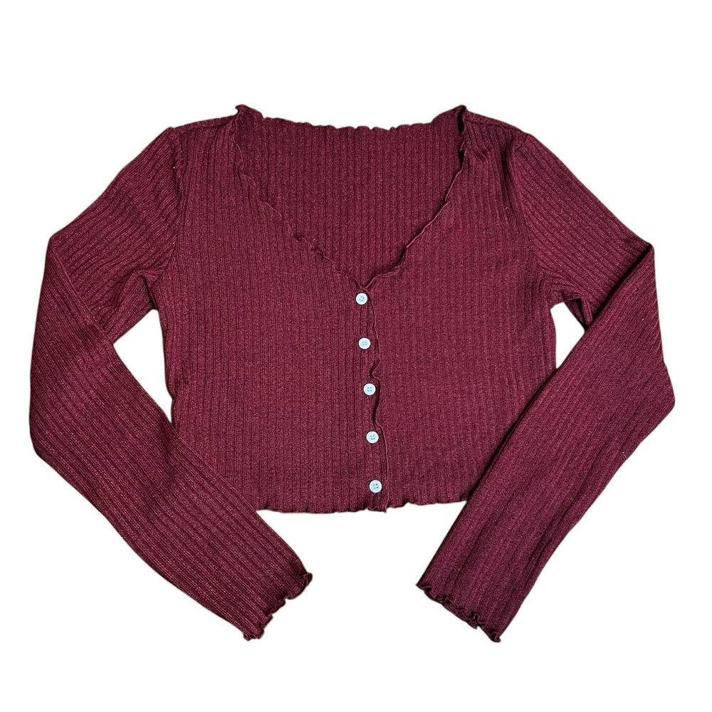 American Eagle Lettuce Trimmed Ribbed Burgundy Cardigan Button Down Size Small
